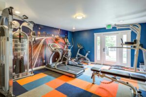 Vibrantly toned carpet and wallpaper, weightlifting equipment, treadmill, Elliptical machine, resistance bike, exercise bench