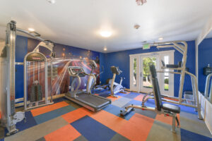 Interior Fitness center, multicolored padded floor, treadmill, multi purpose weight resistance machine, stationary bike, dip station, blue walls with long exposure mural of highway leading toward a city.